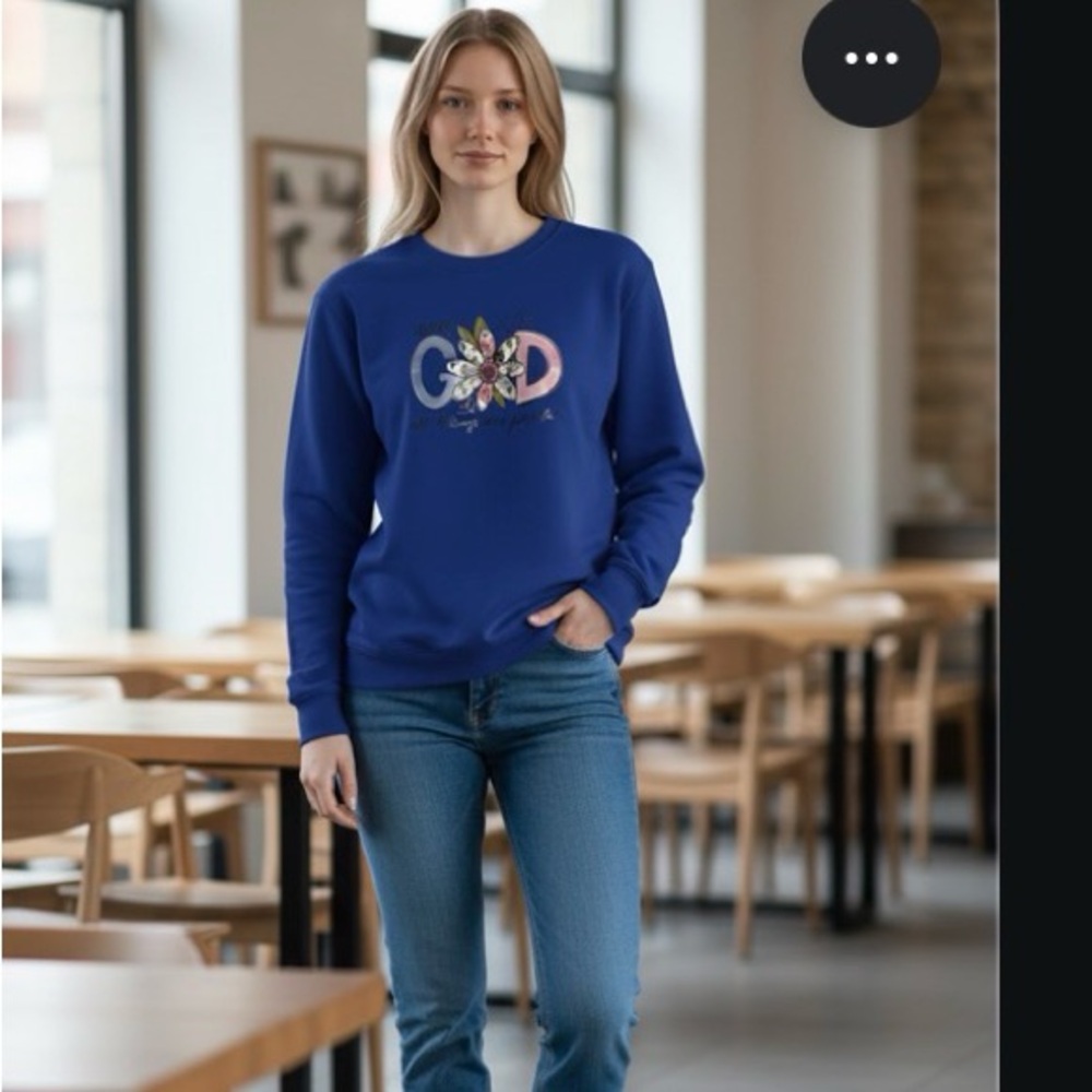 With God all things are possible women Blue Graphic Sweatshirt size Large